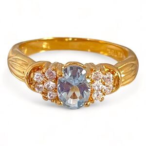 Vintage Ring Size 5 Blue Cubic Zirconia Crystal 18K Gold Plate Mid-Century 14U